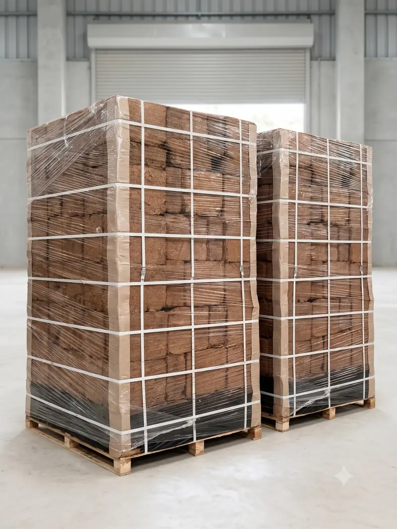 Palletized 5KG Cocopeat Blocks Packaging for Global Export - Manufacturer in India
